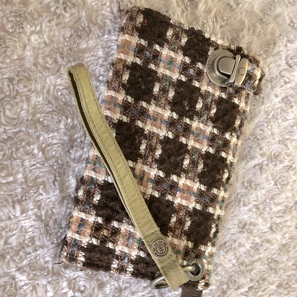 COPY - Green tan and brown plaid fabric clutch.